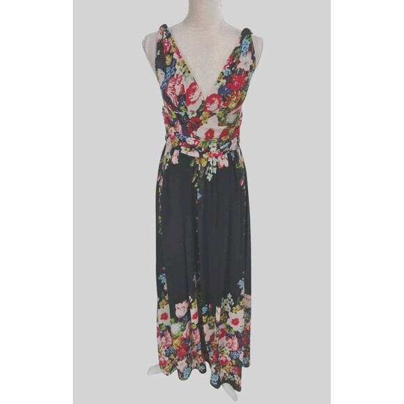 LOVER PRETTY Women Floral Maxi Dress Sz 6 Floral Sheer V-Neck Pleated Waist 144P - Picture 1 of 6